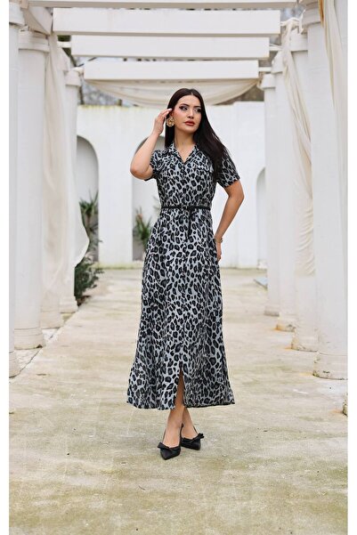 Cannes LEOPAR KISA KOLLU KEMERLİ ELBİSE