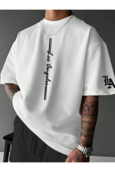 Vordevia Los Angeles Printed White Oversize Unisex T-Shirt Basic Comfortable ...