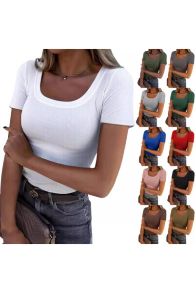 unbranded Womens RIBBED Short Sleeve Stretch Tops T-Shirts U Neck Slim Fit Su...