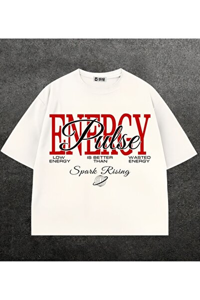 Vordevia Energy Printed White Oversize Unisex T-Shirt Basic Comfortable Fit D...