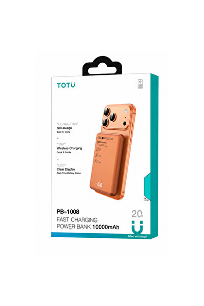 Totu PB-1008 10000 mAh 20W PD QC 3.0 Turuncu MagSafe Manyetik Kablosuz Hızlı Şarj Destekli Slim Powerbank