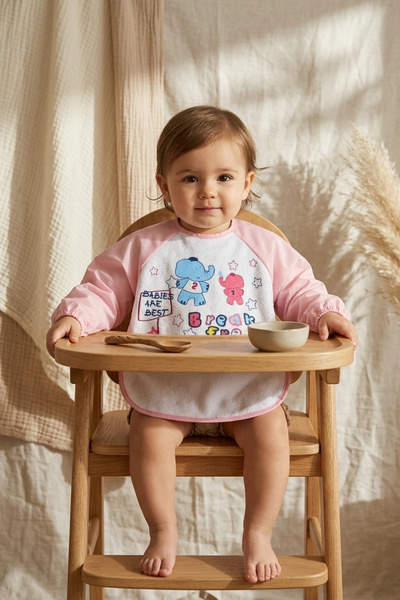 BUUDE Kız Bebek Pembe Uzun Kollu Sıvı Geçirmez Mama Önlüğü - Cepli, Fil Desen...