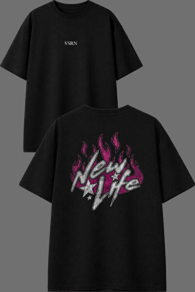 VSRN Μπλουζάκι New Life Design με στάμπα μπροστά και πίσω, μαύρο, oversized