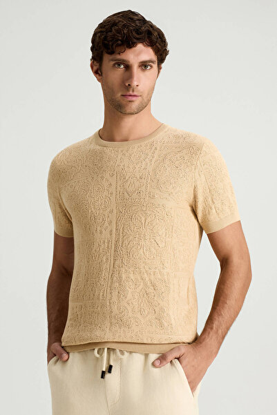 Hemington Saf Pamuk Paisley Desen Bisiklet Yaka Bej Triko T-Shirt