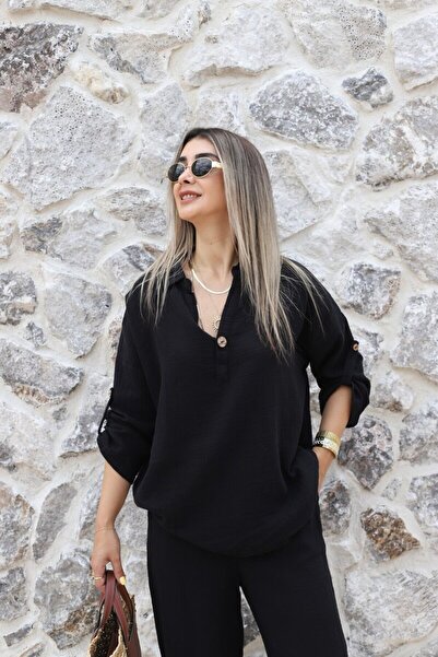 bytugcekaya Black Standard Size Muslin Single Button Blouse