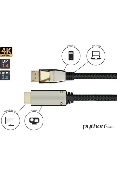 python ticaret Cablu Python DisplayPort 1.4 la HDMI 2.0 din nailon. negru 3m