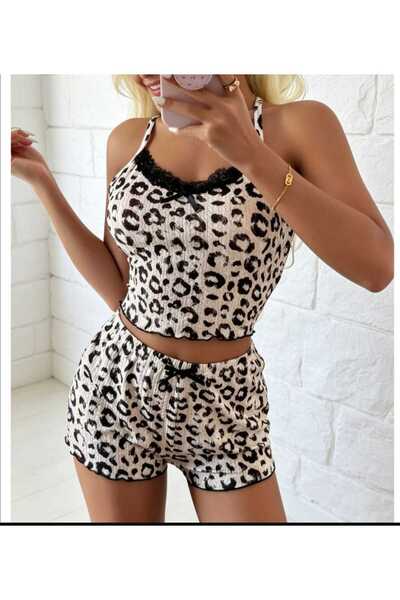 NiCe İç Giyim Set de pijamale pentru femei, cu model leopard, detaliu din dan...