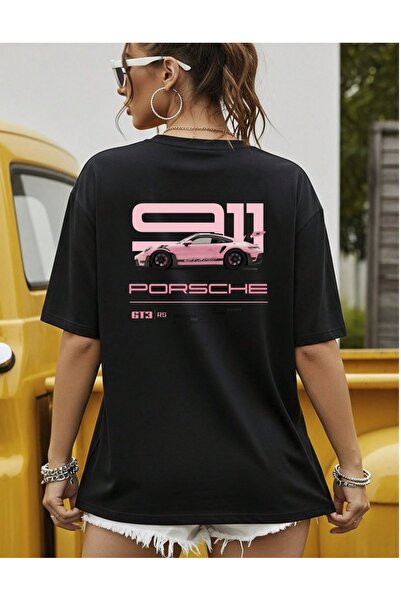 Krays Kadın Oversize T-shirt - Pembe Porsche 911 GT3 RS Spor Araba Sırt Baskı...