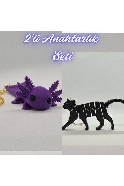 3DAtölyeMaker Purple Flexible Big Axolotl and Black Flexible Cat Keychain