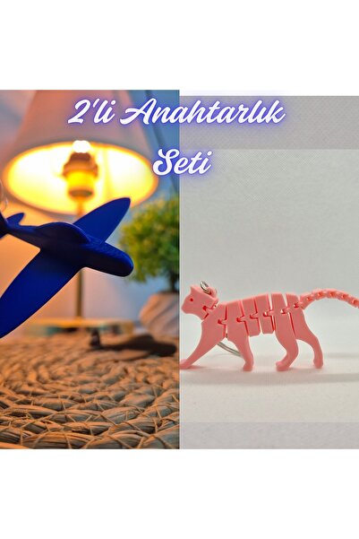 3DAtölyeMaker Blue Airplane and Light Pink Flexible Cat Keychain