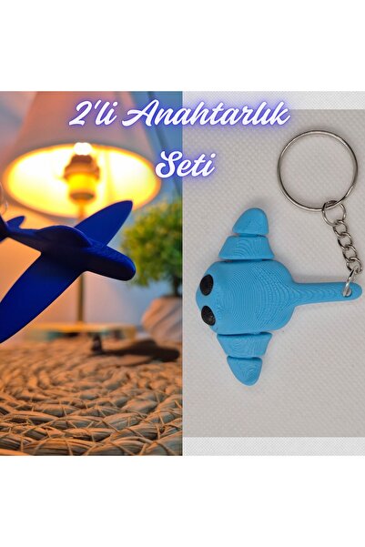3DAtölyeMaker Blue Airplane and Light Blue Flexible Stingray Keychain
