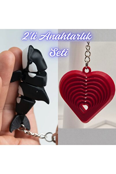 3DAtölyeMaker Black Flexible Whale and Fire Engine Red Moving Heart Keychain