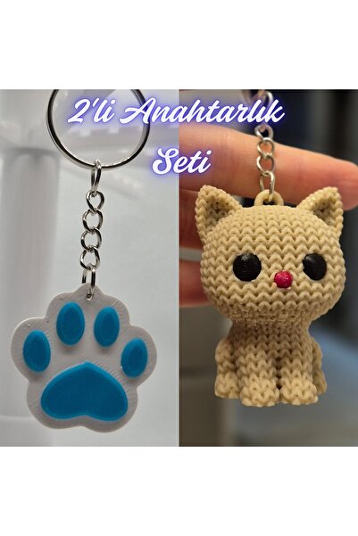 3DAtölyeMaker Light Blue Cat Paw and Cream Knitted Patterned Cat Keychain