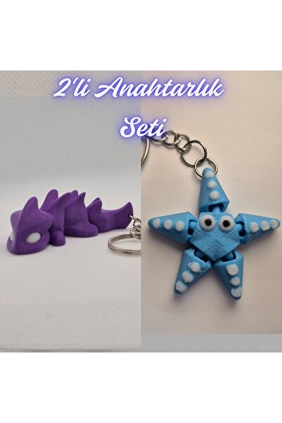 3DAtölyeMaker Purple Flexible Dragon and Light Blue Moving Starfish Keychain