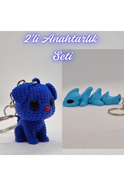 3DAtölyeMaker Blue Knitted Patterned Dog and Light Blue Flexible Dragon Keychain