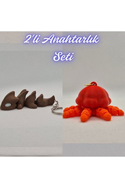 3DAtölyeMaker Dark Brown Flexible Dragon and Orange Moving Jellyfish Keychain