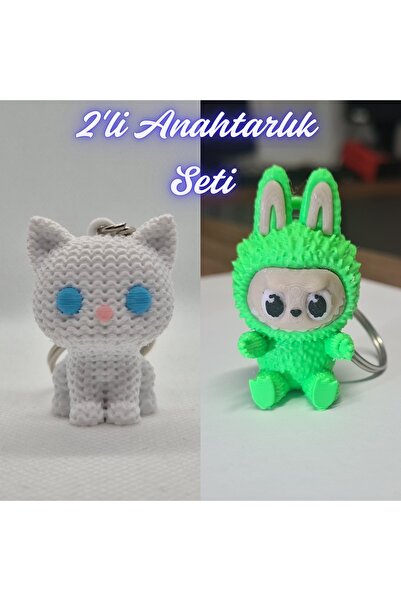 3DAtölyeMaker White Knitted Patterned Cat and Green Labubu Keychain