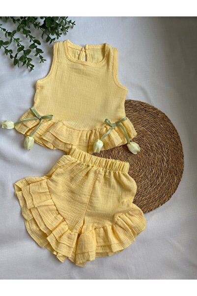 DEFLİN BABY Laleli Fırfırlı Şortlu Müslin Kız Çocuk Takım