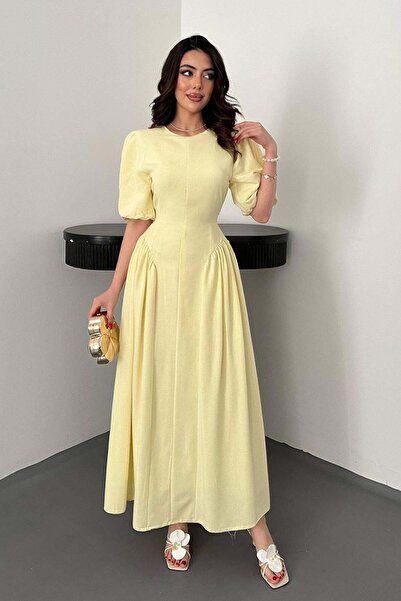 Maxi modena Yellow Tie Back Gathered Linen Dress