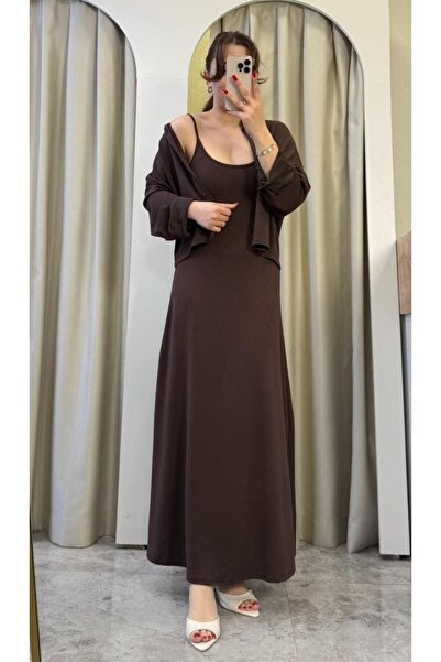 MODA Kahverengi Modal Kumaş Gömlek - Askılı Elbise İkili Takım