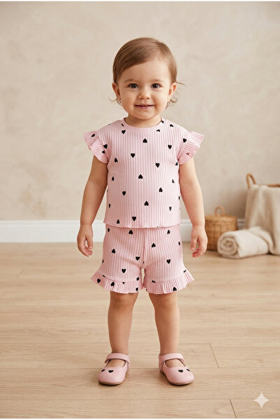 TAYO BABY Baby Girl and Child Heart Patterned Ribbed Camisole Shorts Set Pink...