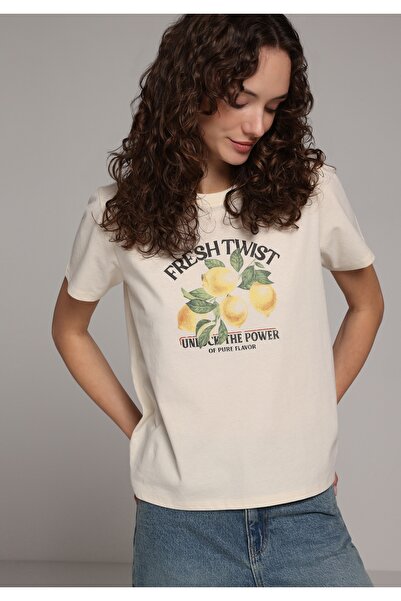 Colin's Regular Fit Round Neck Printed Women's Ecru Short Sleeve T-Shirt