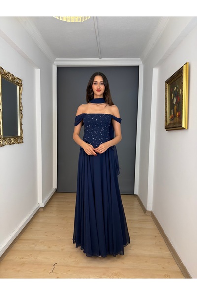 gökkuşagı moda Lacivert Askılı Straplez Bel Korsajlı Üst Krep Taşlı Alt Şifon...