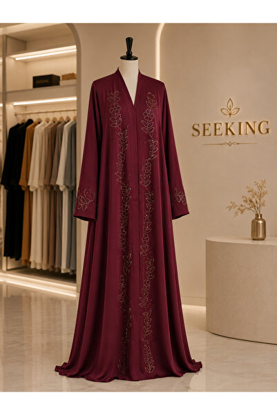 SEEKING2001 عباية عنابية مطرزة بتفاصيل فاخرة – عباية نسائية خليجية واسعة مع ش...