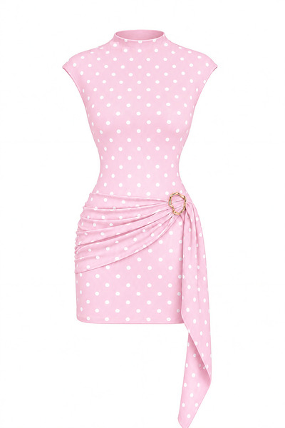 SevdeUgur Polka Dot High Neck Dress with Buckle Detail and Belted Gathering -...