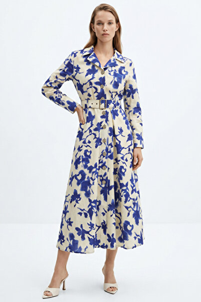 Exquise Shirt Collar Buttoned Belted Regular Midi Dress