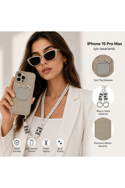 Nettech iPhone 15 Pro Max Uyumlu Taş Detaylı Askılı Kılıf – Şık Premium Silik...