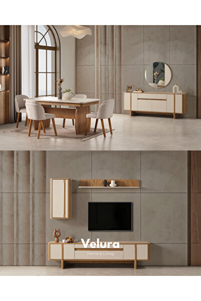 Velura Home & Living Eylül Yemek Odası Takımı - Naturel ve Krem (TV Ünitesi D...