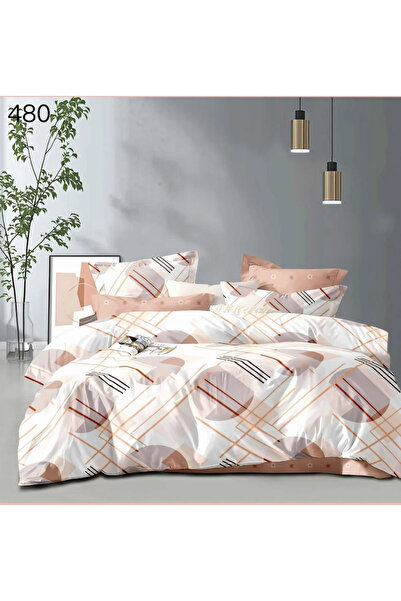 F&R Set de lenjerie de pat 6 piese, flanel, alb cu cercuri și dungi nude-GR480