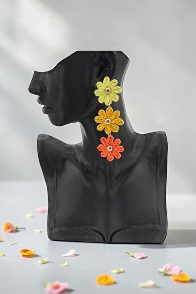 nftart.design Green Triple Flower Detailed Long Dangle Women's Earrings