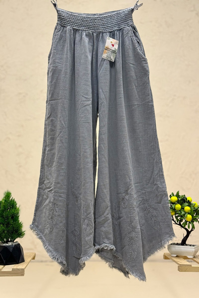 sahnemoda Paça Tüy Nakışlı Bol Paça Keten Pantolon