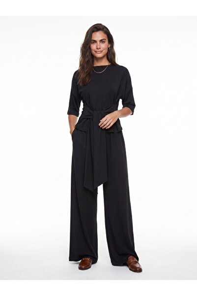 ONLOOX Black Modal Stretch Fabric Waist-Tied Short Sleeve Loose-Fit Comfortab...