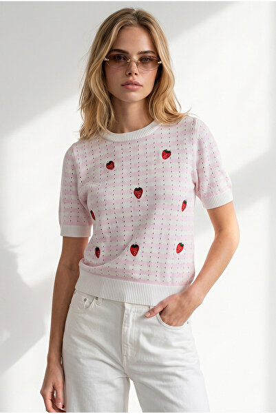 Olalook Women's Pink Strawberry Embroidered Crew Neck Knitwear Blouse Blz-190...
