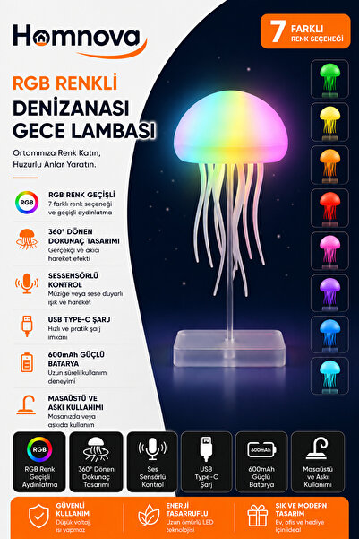 Homnova RGB Denizanası Gece Lambası Ses Sensörlü Hareketli LED Ortam Lambası