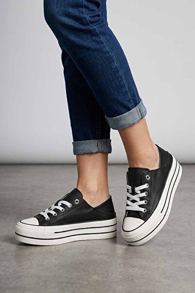 Lufian Women's Black Genuine Leather Thick Platform Sole Lace-Up Sneaker Spor...