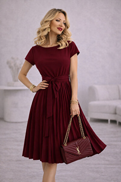 rengamoda Women's Burgundy Skirt Pleated Waist Belted Crepe Fabric Dress (Col...