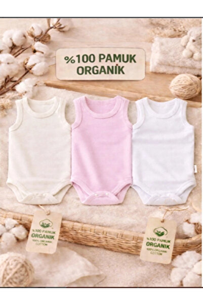 Bebek Atlet Body Zıbın Çıtçıtlı Beyaz-EKRU-PEMBE 100% Pamuk - 3'LÜ Bebek Body Zıbın