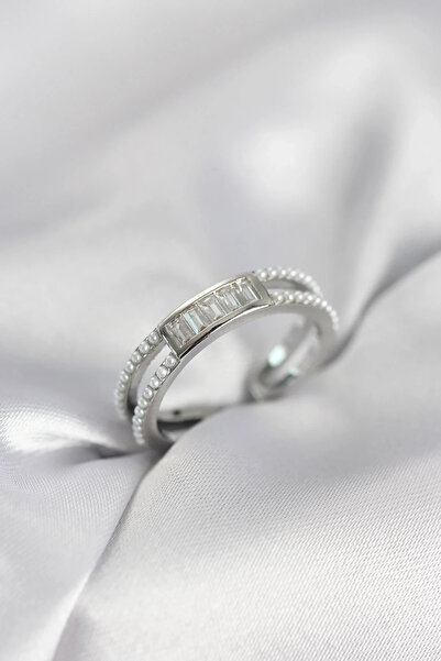 USLUCAN ALIŞVERİŞ Baget Zircon Stone Silver Color Women's Ring with Pearls