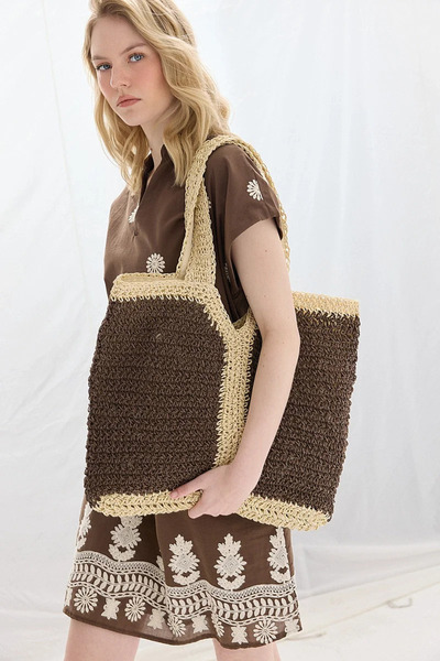 Gusto Contrast Detailed Straw Bag - Brown