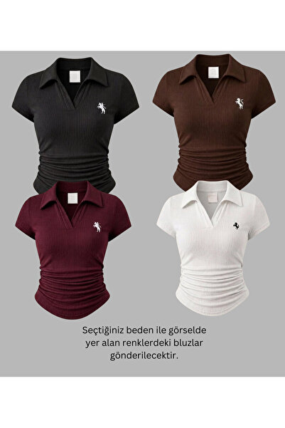 Gofeel Women's 4-Piece Vintage Polo Collar Ribbed Lycra Blouse
