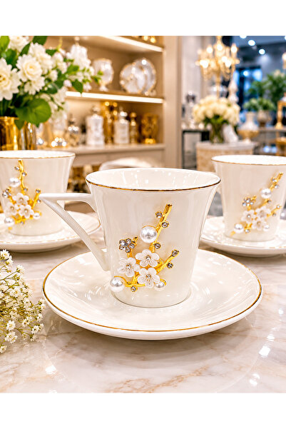 hediye ESTERHOMEDECOR طقم فناجين قهوة مرصعة باللؤلؤ لـ 6 أشخاص