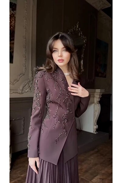 MODA Yeni sezon özel tasarım taş işlemli Dabıl kumaş ceket şifon astarlı etek...