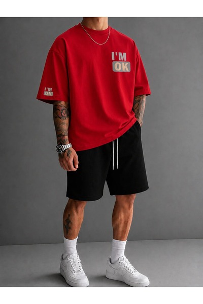 LOTS MODA Men's I'M Ok Printed Oversize 100% Cotton T-Shirt Shorts Set