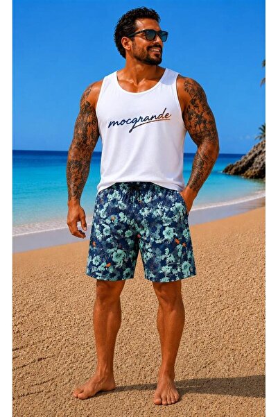 MocGrande Men's Large Size Swim Shorts Printed 26619 Light Navy Blue