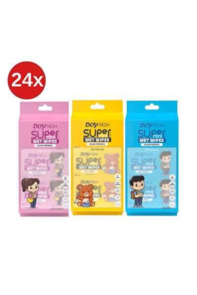 DOYFRESh 24x Șervețele umede de buzunar MINI MIX (8x ROZ + 8x GALBEN + 8x ALB...