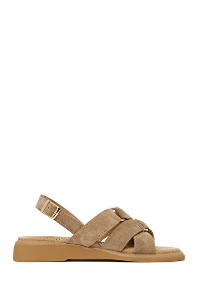 Derimod Women's Beige Buckle Suede Leather Sandals 26Sfd361910